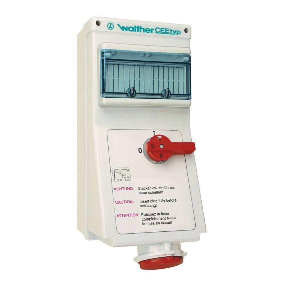 Walther CEEtyp' Elektro-Wandsteckdose mit einem roten Schalter und Warnhinweisen in mehreren Sprachen daneben.