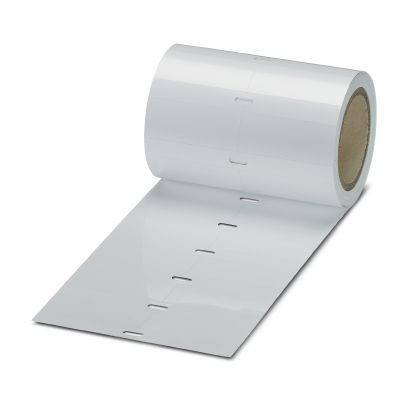 Rolle weißer Klebeetiketten, die sich abwickelt, mit gleichmäßig beabstandeten Perforation entlang des Streifens.