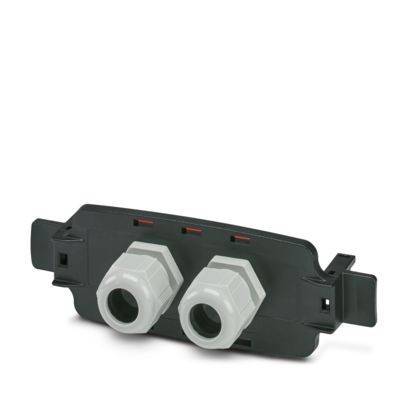 Schwarzer Kunststoff-Elektrostecker mit zwei großen weißen Kabelverschraubungen, gezeigt auf einfachem weißem Hintergrund.