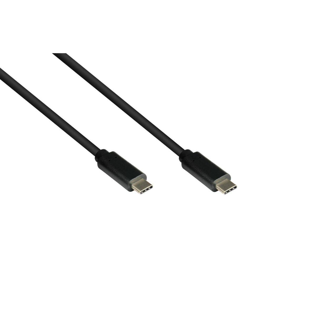 Ein schwarzes USB-C-Kabel mit Anschlüssen an beiden Enden, das zum Aufladen und zur Datenübertragung für verschiedene Geräte verwendet wird.