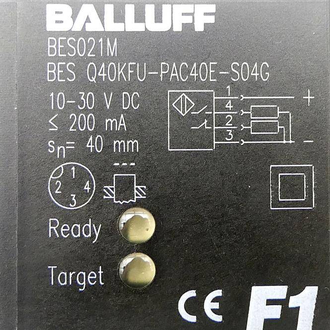 Balluff-Näherungssensor-Etikett mit Modell BES021M/BES Q40KFU-PAC40E-S04G, 10-30 V DC, 200 mA max, 40 mm Erfassungsabstand, mit Ready- und Target-Indikatoren.