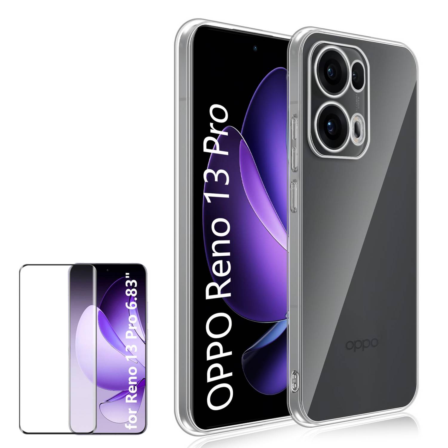 Für Oppo Reno 13 Pro 5G Silikon TPU Case Transparent + Curved H9 Glas Folie Handy Hülle Schutz