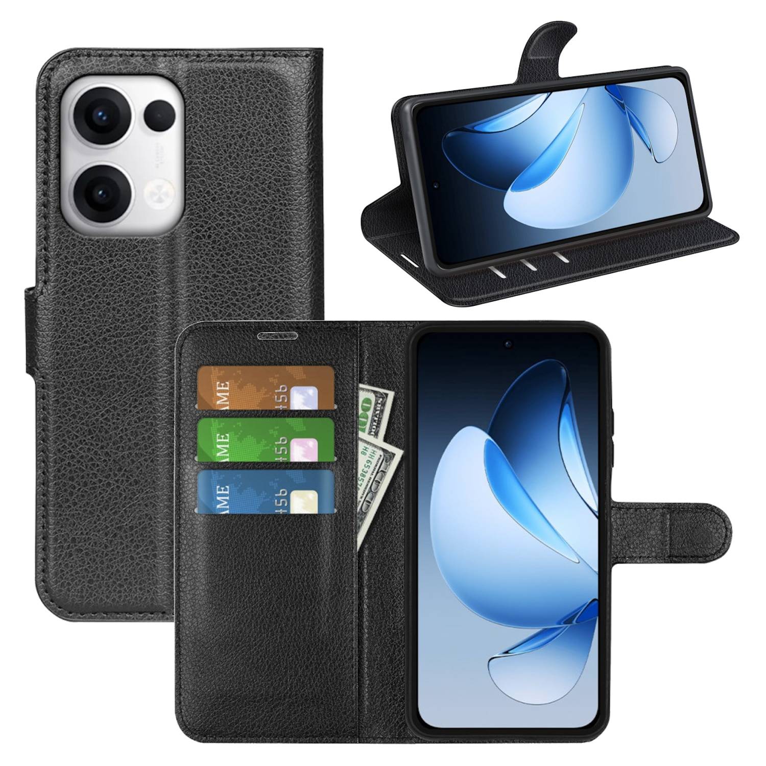 Für Oppo Reno 13 5G Smart Handy Tasche Schwarz Etuis Kunst-Leder Hülle Cover Book