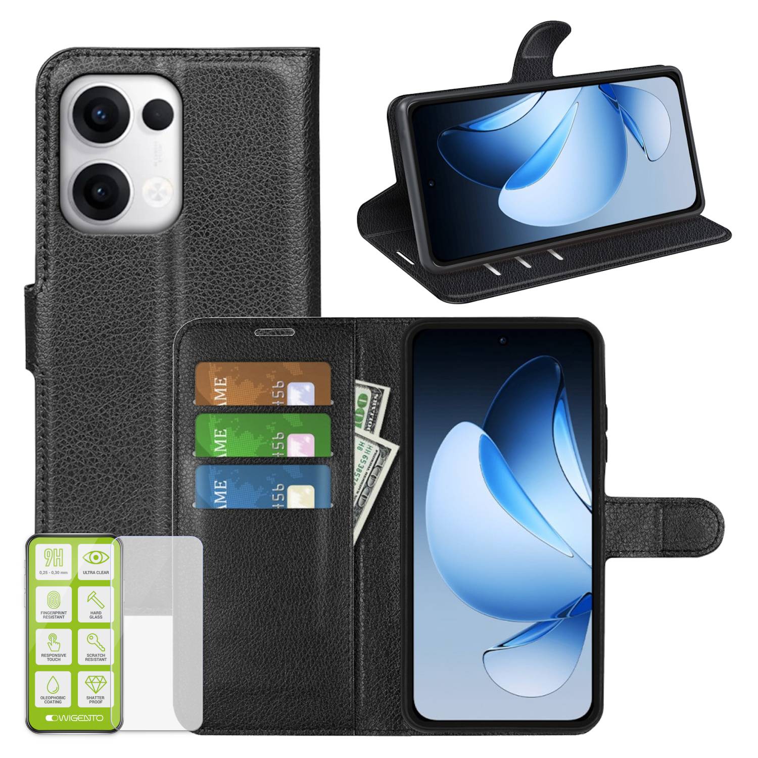 Für Oppo Reno 13 5G Kunstleder Book Wallet Case Tasche Schwarz + H9 Hart Glas