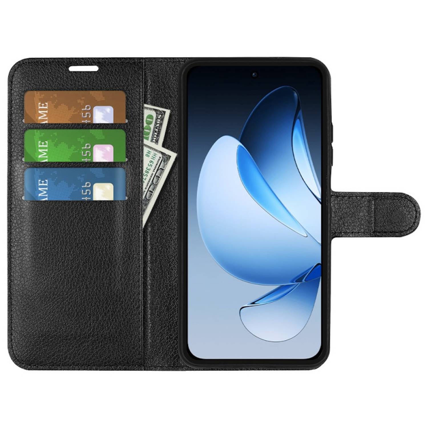 Für Oppo Reno 13 5G Kunstleder Book Wallet Case Tasche Schwarz + H9 Hart Glas