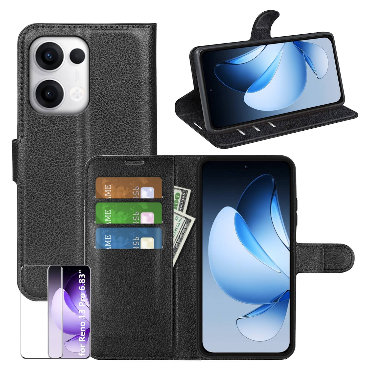 Für Oppo Reno 13 Pro 5G Handy Tasche Schwarz Etuis Kunst-Leder Hülle Case + 4D Curved H9 Hart Glas