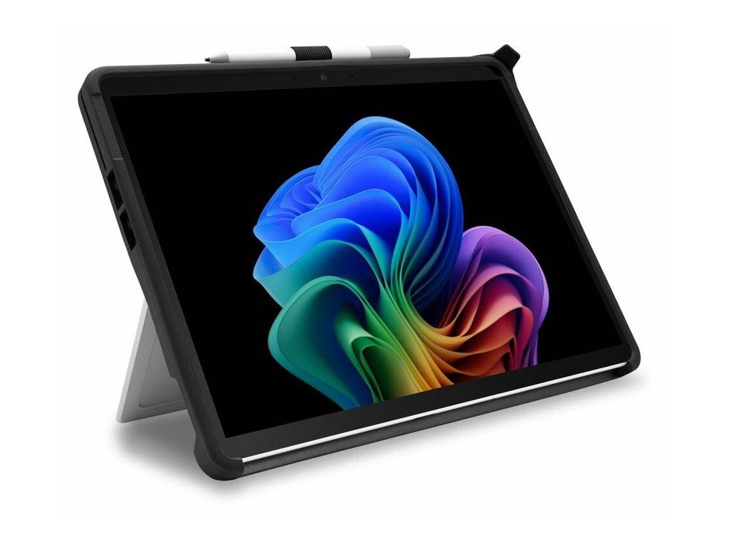 Schwarzes Tablet in einer Schutzhülle mit Ständer, auf dem Bildschirm ein farbenfroher abstrakter Wirbel zu sehen.