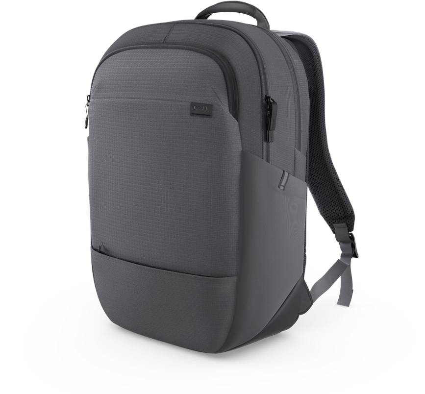 Grauer Rucksack mit gepolsterten Schultergurten, vorderer Reißverschlusstasche und oberem Tragebügel auf schwarzem Hintergrund dargestellt.
