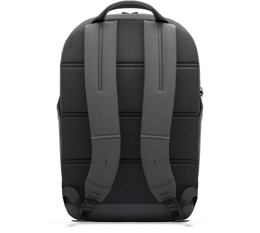 Rückansicht eines dunkelgrauen Rucksacks mit gepolsterten Schultergurten, Griff oben und strukturierter Panelverarbeitung auf schwarzem Hintergrund.