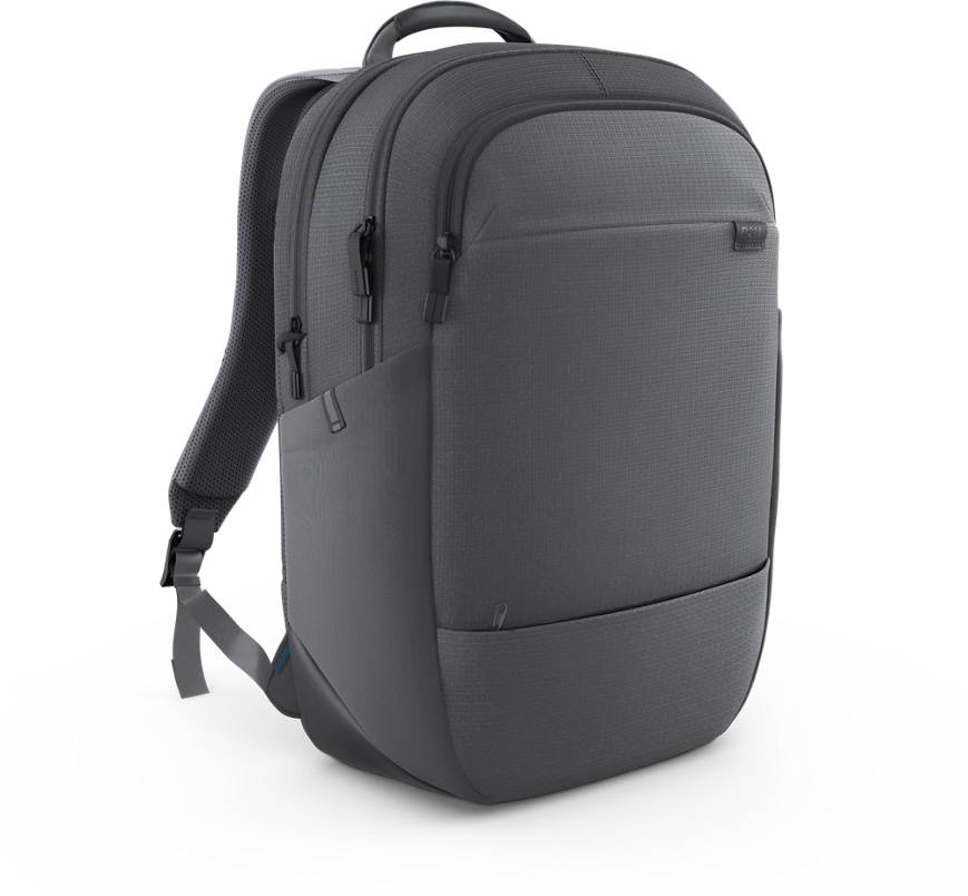 Grauer Rucksack mit mehreren Reißverschlussfächern und gepolsterten Schultergurten, isoliert vor schwarzem Hintergrund dargestellt.