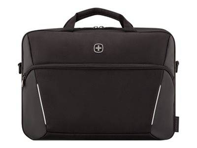 Schwarze Laptop-Aktentasche mit Griff oben, vorderer Reißverschlusstasche und kleinem Kreuzlogo auf der Vorderseite.