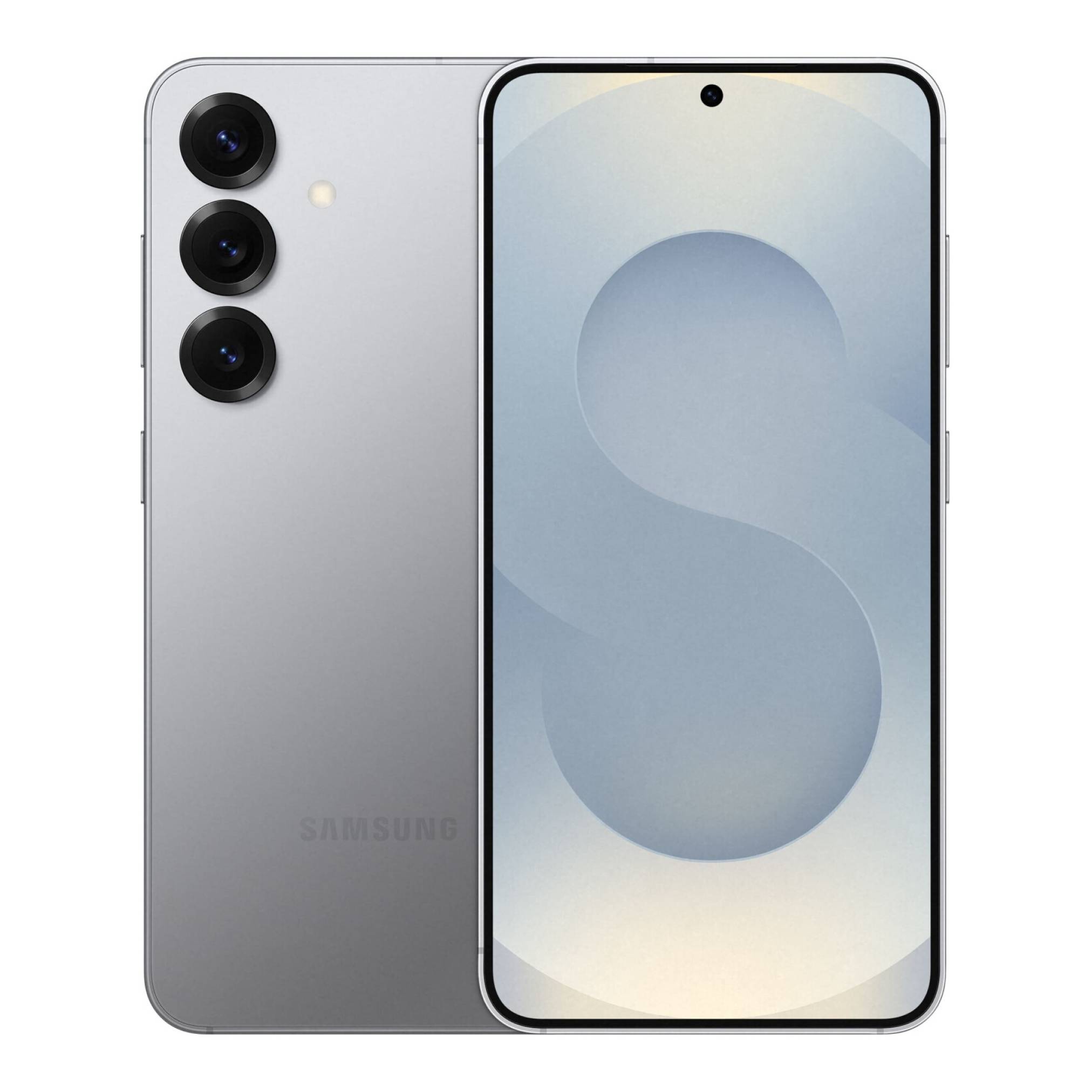 Vorder- und Rückansicht eines silbernen Samsung-Smartphones mit dreifacher Rückkamera und zentriertem Loch-Display.