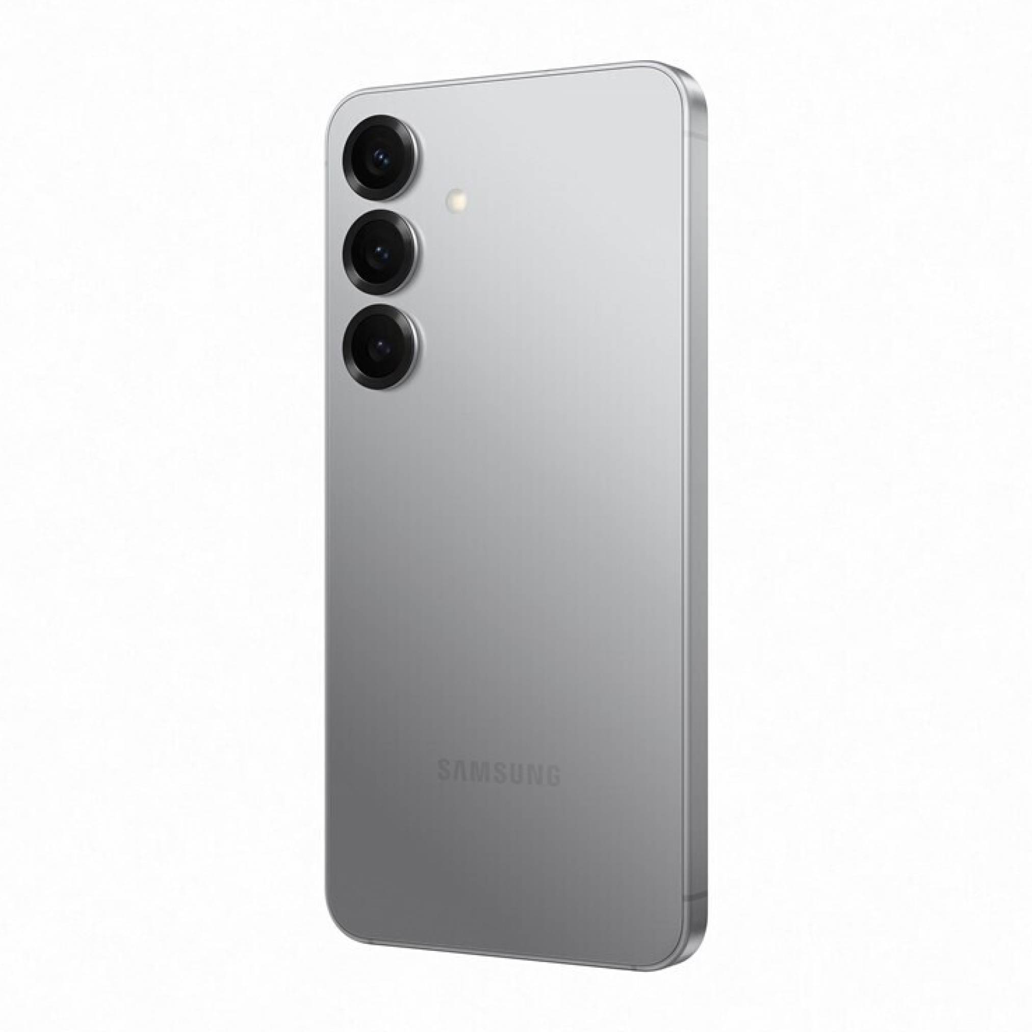 Silbernes Samsung-Smartphone von hinten gezeigt, mit drei rückseitigen Kameras und minimalem Design auf weißem Hintergrund.