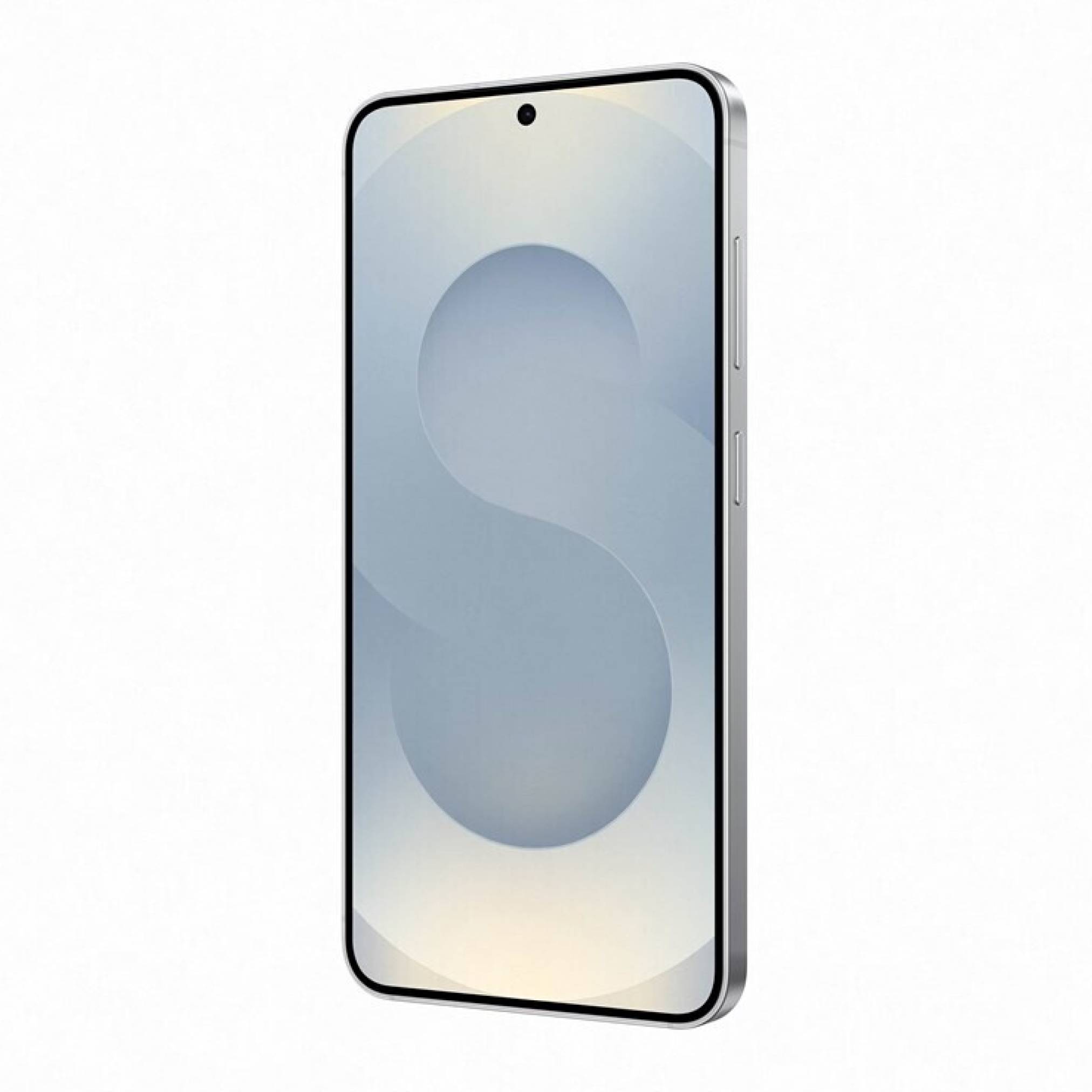 Ein silbernes Smartphone von vorne gezeigt auf weißem Hintergrund, mit zentrierter Lochkamera und abstraktem S-förmigem Hintergrundbild.