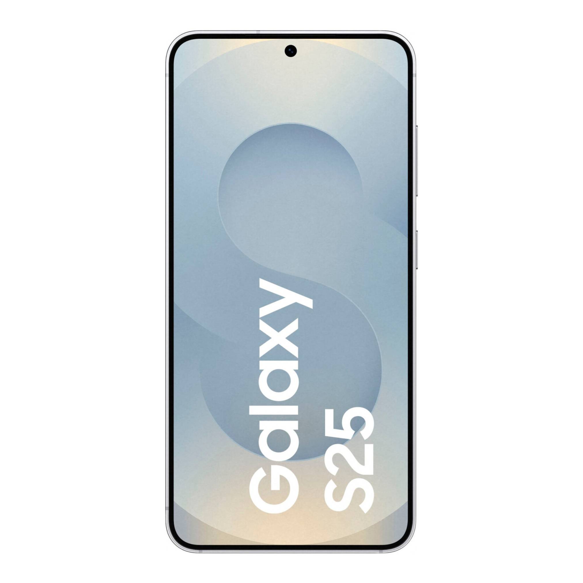 Frontansicht eines Samsung Galaxy S25 Smartphones mit einer Lochkamera und „Galaxy S25