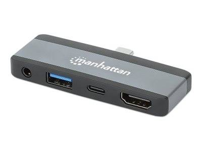 MANHATTAN USB-C PD 4-in-1 Mobile Dockingstation 100W HDMI 4K30Hz USB-A 10 Gbit/s 3,5mm Klinke Passthrough-Ladeanschluss Aluminium