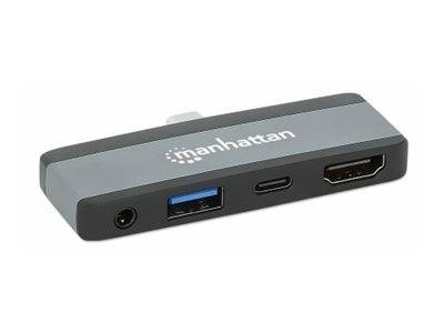 MANHATTAN USB-C PD 4-in-1 Mobile Dockingstation 100W HDMI 4K30Hz USB-A 10 Gbit/s 3,5mm Klinke Passthrough-Ladeanschluss Aluminium
