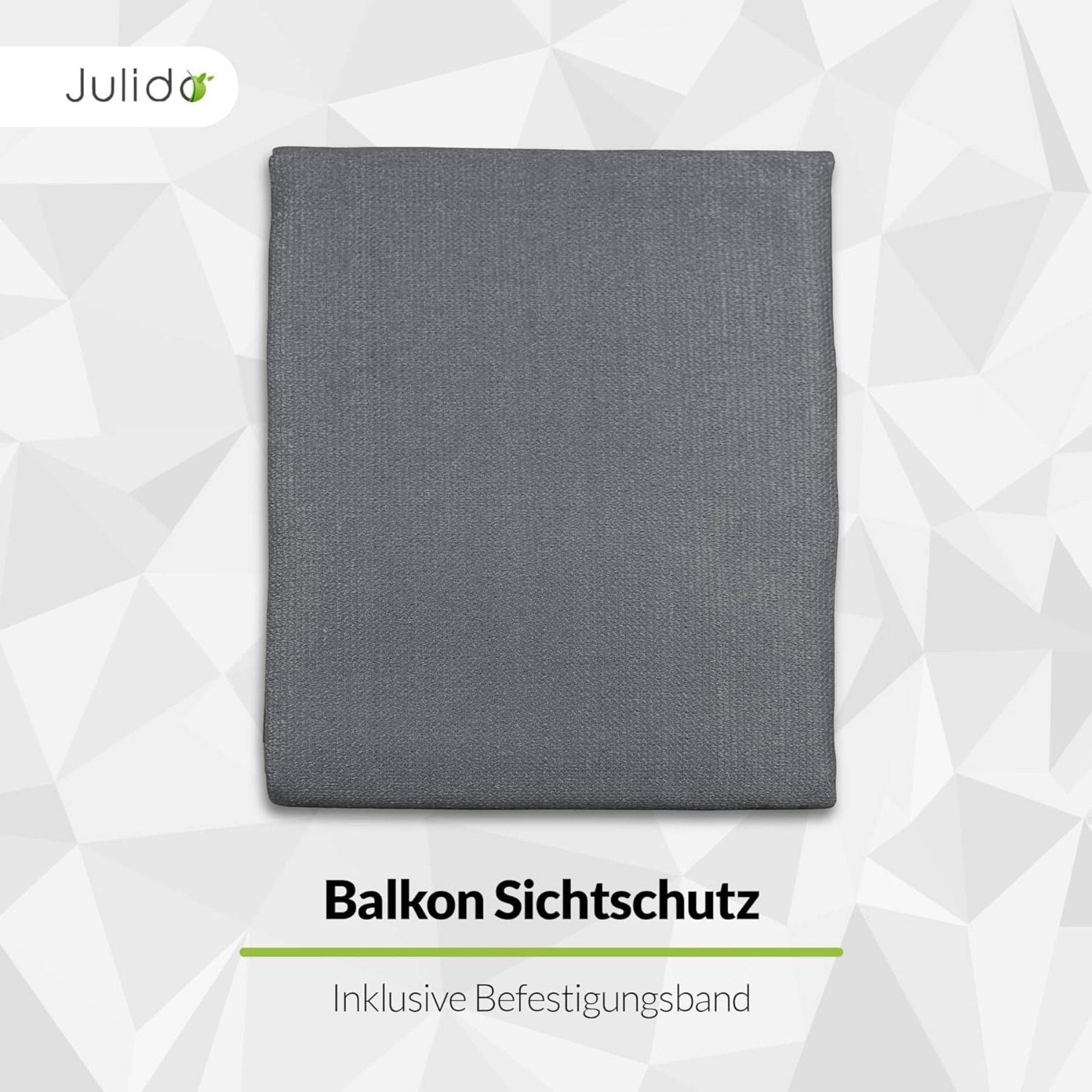 Balkon Sichtschutz' Grau Textilpanel, präsentiert vor einem geometrischen Hintergrund. Beinhaltet den Text 'Inklusive Befestigungsband'.