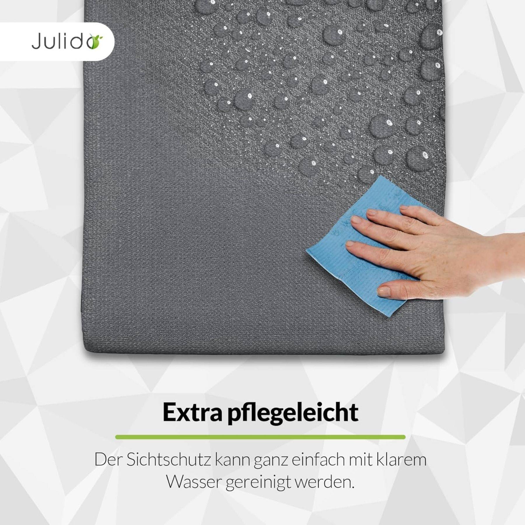 Eine Hand wischt Wassertropfen mit einem blauen Tuch von einer strukturierten Oberfläche ab. Deutscher Text unten liest sich: 