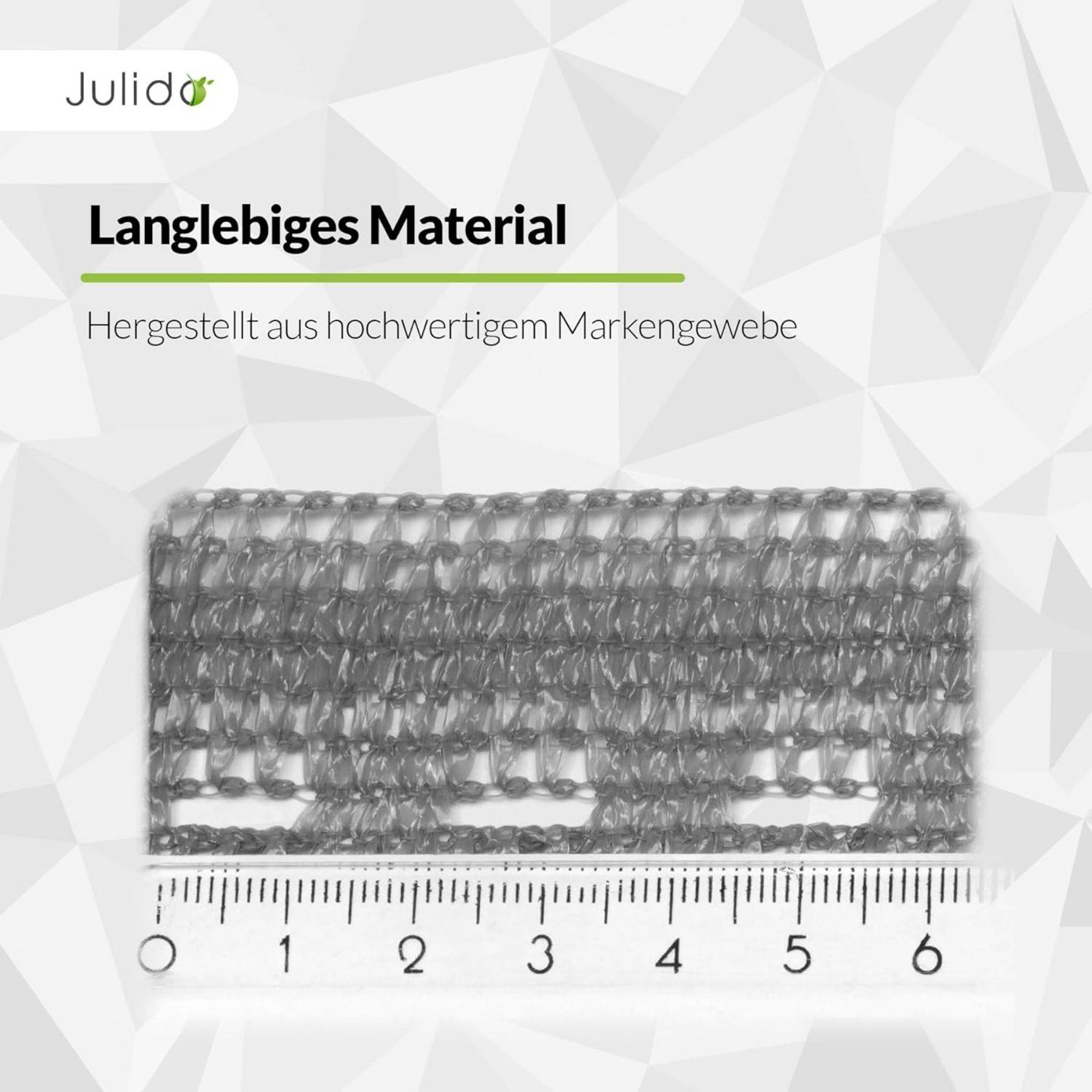 Langlebiges Material' in Fettdruck über einer Gewebeprobe, die auf einem Lineal liegt. Hintergrund mit geometrischem Muster; Firmenlogo 'Julido' oben links.