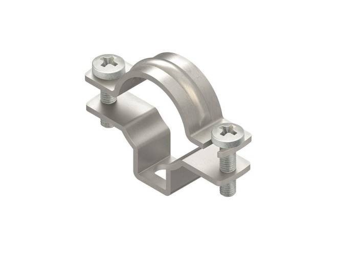 Eine silberfarbene Metallklemme mit zwei Schrauben, entwickelt um runde Objekte, wie Rohre, an Ort und Stelle zu sichern.