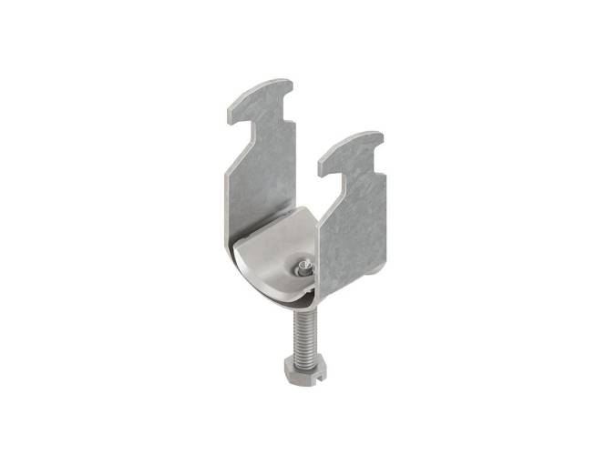 Eine silberfarbene Metallhalterung mit U-förmigem Design und einer zentralen Schraube, verwendet zum Halten oder Sichern von Objekten, isoliert dargestellt.