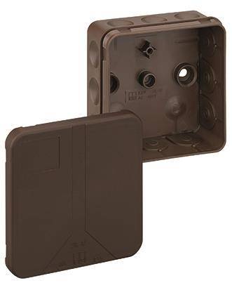 Braune Kunststoff-Elektroverteilerdose mit abnehmbarem Deckel, mit mehreren kreisförmigen Ausbruchöffnungen für Rohrverschraubungen oder Stromverbindungen.