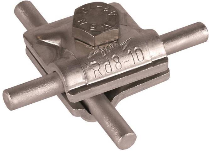 Eine metallische Klammer, die zwei Stäbe in einem rechten Winkel hält und durch einen Bolzen gesichert ist. Die Klammer ist mit „Rd8-10