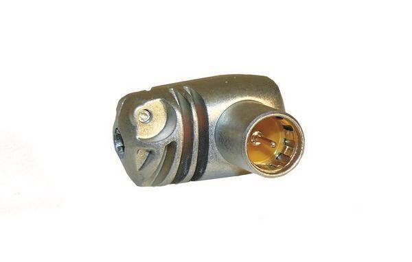 Ein metallischer elektrischer Stecker mit einer zylindrischen Form und drei kreisrunden Kontaktstiften, der eine Sicherungsmechanik an der Seite aufweist.