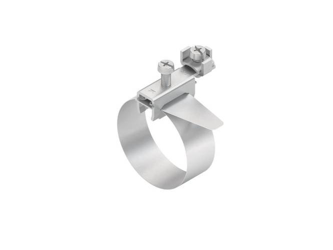 Ein Edelstahlrohrhalter mit verstellbarer Klemme und Schraubenmechanismus, der zum Sichern von Rohren in verschiedenen Installationen verwendet wird.