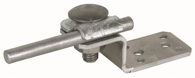 Ein Metallklemme mit einer zylindrischen Stange und einer flachen, runden Kappe, verwendet zum Befestigen von Objekten. Sie ist auf einer Metallhalterung montiert.