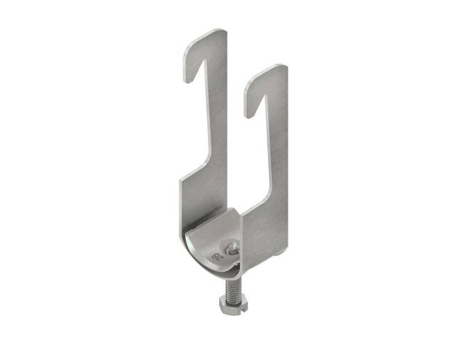 Eine Metallklammer mit zwei nach oben gerichteten Haken und einer Schraube am unteren Ende. Wird zum Befestigen oder Aufhängen von Objekten verwendet.