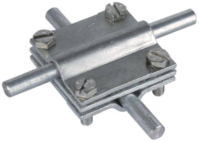 Eine metallische Rohrklemme mit vier Schrauben und zwei senkrecht zueinander angeordneten Rohren, die in der Mitte verbunden sind, wird für strukturelle Unterstützung und Stabilität verwendet.