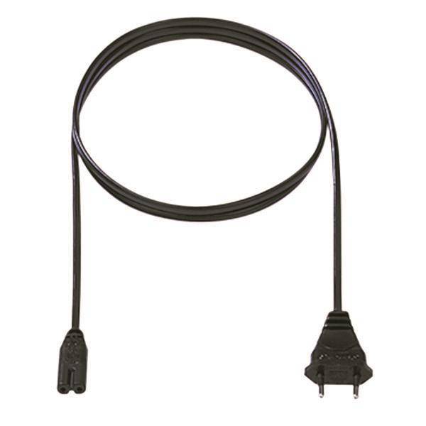 Ein schwarzes Stromkabel mit einem zweipoligen Stecker an einem Ende und einem Anschluss am anderen Ende, in einer Schleife aufgerollt.