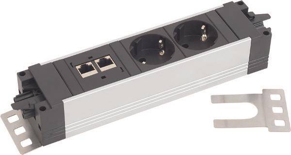 Eine erweiterte Steckdosenleiste mit mehreren Steckdosen, einschließlich zwei Ethernet-Anschlüssen und zwei europäischen Steckdosen.