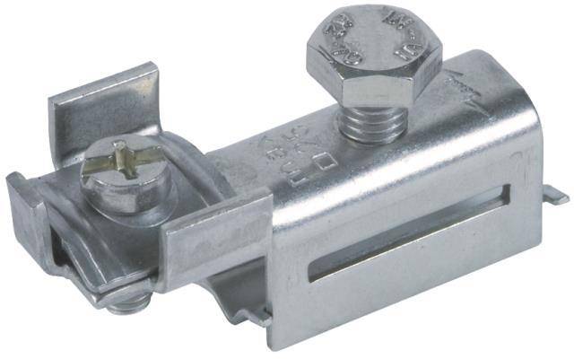 Eine Metallstrahlenklemme mit Bolzen und Stellschraube, die zum Befestigen von Objekten an Balken oder Strukturen in Bau- und Elektroinstallationen verwendet wird.