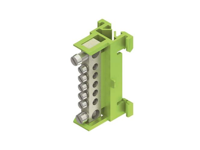 Ein grünes modulares Anschlussblöcke mit mehreren Schraubanschlüssen für elektrische Verdrahtung, das zur sicheren Befestigung auf einer DIN-Schiene ausgelegt ist.