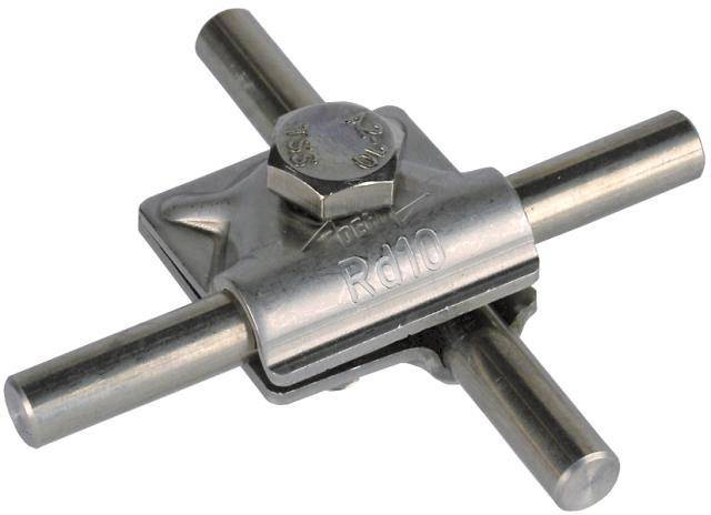 Ein Metallstabhalter schneidet zwei Stäbe rechtwinklig und sichert sie mit einer zentralen Sechskantmutter mit der Bezeichnung „Rd10