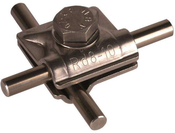 Eine Metallklammer mit zwei sich kreuzenden Stangen, gesichert durch eine mit 'Rd8-10' gekennzeichnete Schraube, die zum Befestigen oder Abstützen von Strukturen verwendet wird.
