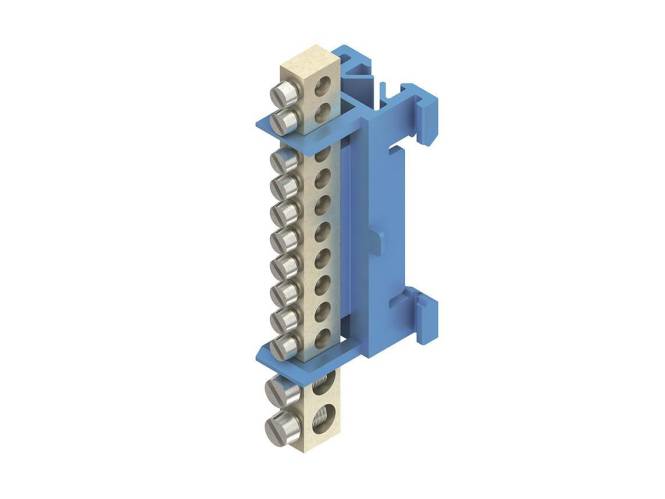 Ein blauer Terminalblock mit mehreren Schraubklemmen für elektrische Verbindungen. Die Struktur unterstützt die Drahtorganisation und Sicherheit.