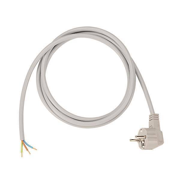 Ein aufgerolltes weißes Stromkabel mit freiliegenden Drähten an einem Ende und einem Stecker am anderen Ende, geeignet für Verdrahtungs- und Elektroverbindungsarbeiten.