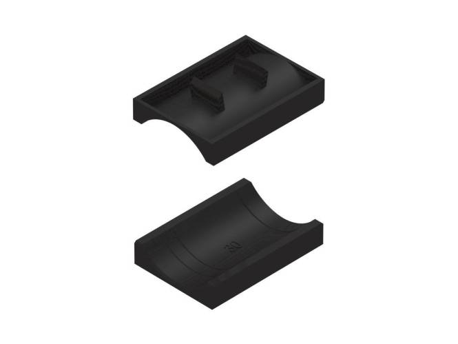 Zwei schwarze Kunststoffteile, die ineinandergreifen sollen, jeweils mit gekrümmten Oberflächen und rechteckigen Ausschnitten zum sicheren Zusammenpassen.