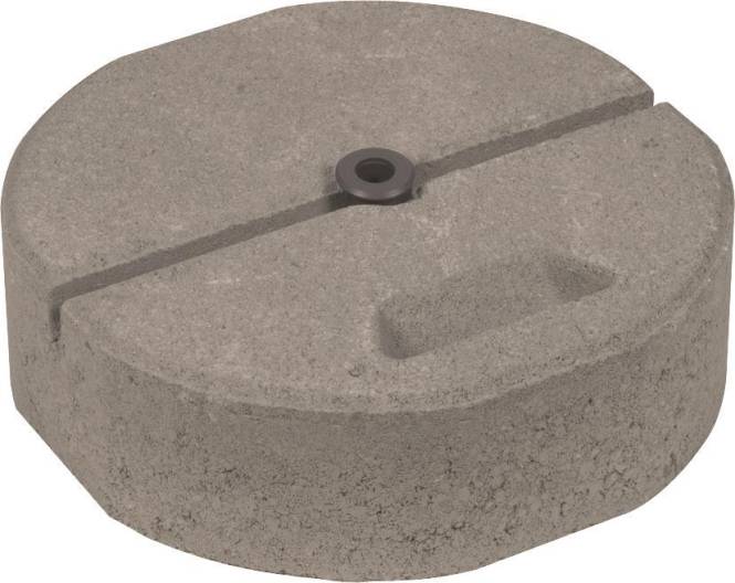 Eine runde, graue Betonbasis mit einer Metallverankerung in der Mitte und einem integrierten Griff, die zur Stabilisierung von Außenschirmen verwendet wird.