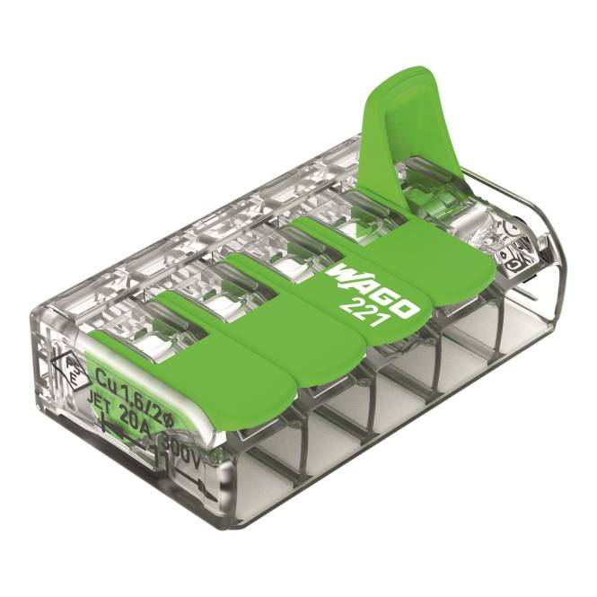 WAGO 221-425 Verbindungsklemme m.Hebel max.4qmm 5-Leiter transparent (Inhalt 25 Stück)