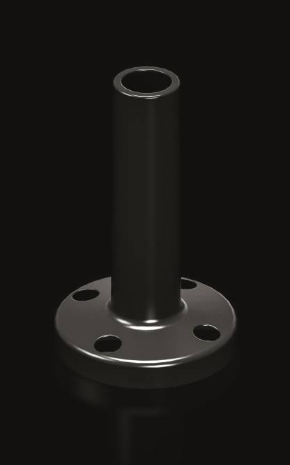 Ein vertikaler schwarzer Zylinderstab ist auf einer runden Basis mit vier Löchern montiert und vor einem schwarzen Hintergrund positioniert.