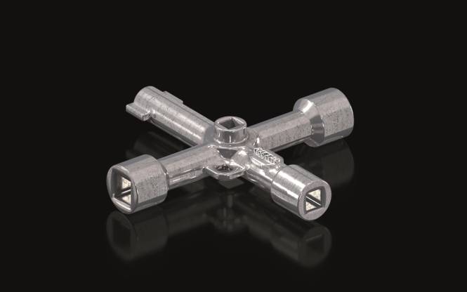 Ein metallisches Kreuzwerkzeug mit vier zylindrischen Verlängerungen, von denen jede in einer einzigartigen Form endet, vor schwarzem Hintergrund dargestellt.