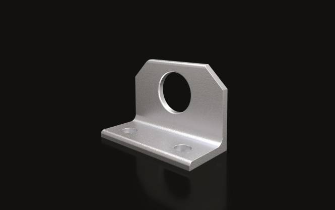 Eine Metallwinkelschiene mit einem großen Mittenloch und zwei kleineren Löchern auf der Basis, die zum Befestigen oder Abstützen von Strukturen verwendet wird.