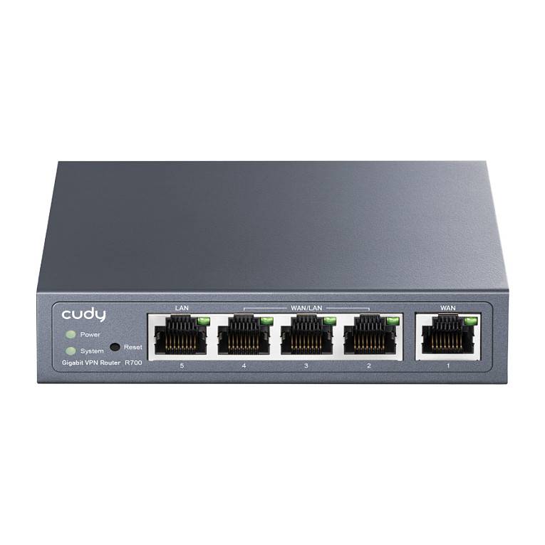 Vorderansicht eines Cudy Gigabit VPN Routers R700 mit LED-Anzeigen und fünf Ethernet-Anschlüssen mit den Bezeichnungen LAN, WAN und einer Taste zum Zurücksetzen des Systems.