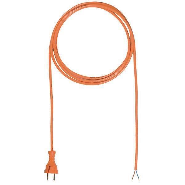 Ein orangefarbenes Stromkabel, das in einem Kreis aufgerollt ist, mit einem Stecker an einem Ende und freiliegenden Drähten am anderen Ende.