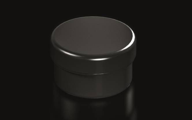 Schwarzer, runder Metallbehälter mit flachem Deckel, der Licht reflektiert.